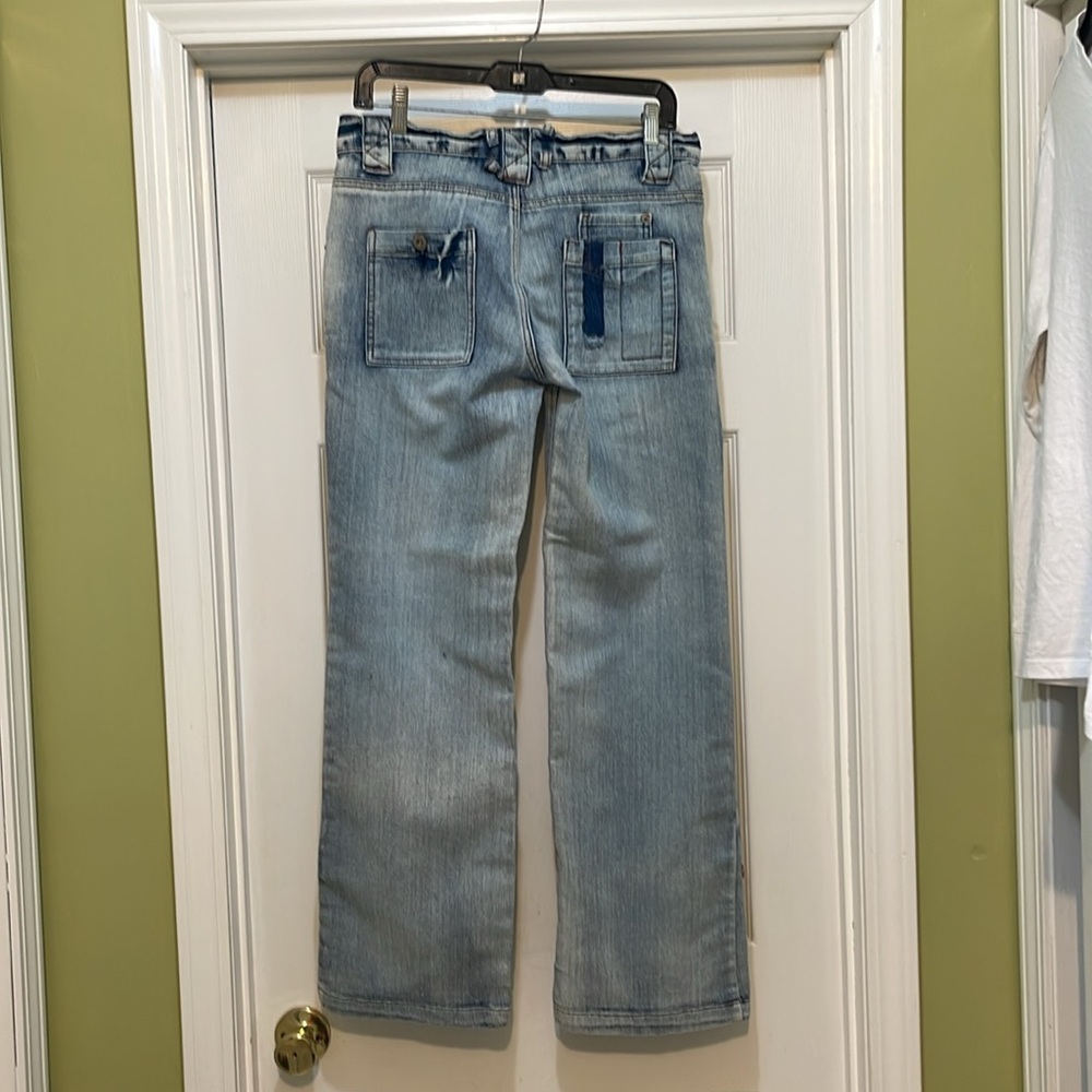 Upcycled blue jeans - hand sewn material patches -OOAK - button fly - size 9/10 - Picture 2 of 8
